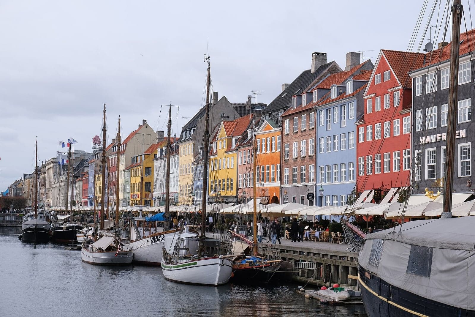 Colourful houses and boats at Nyhavn in Copenhagen